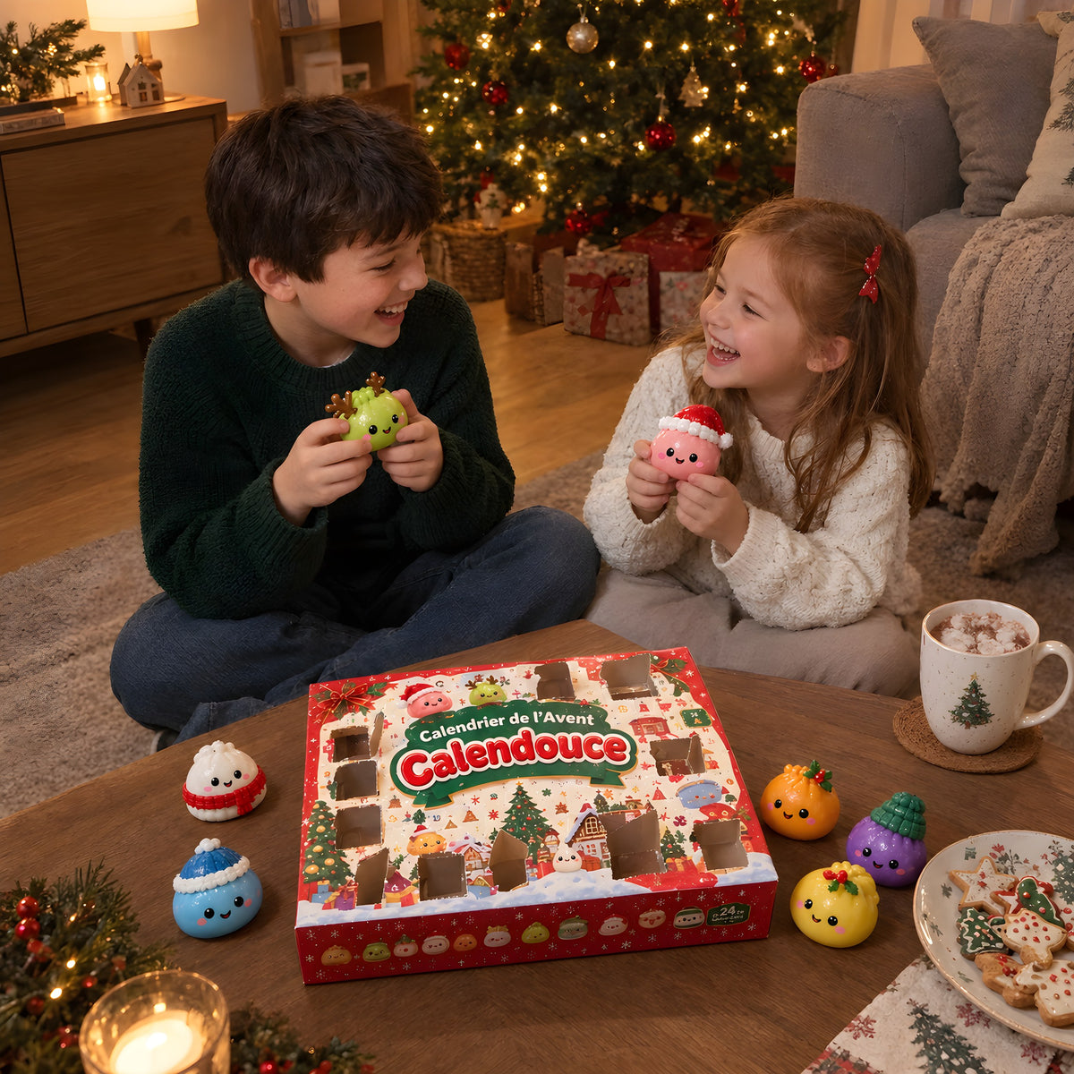 Frère et sœur jouent avec les squishies du calendrier Calendouce