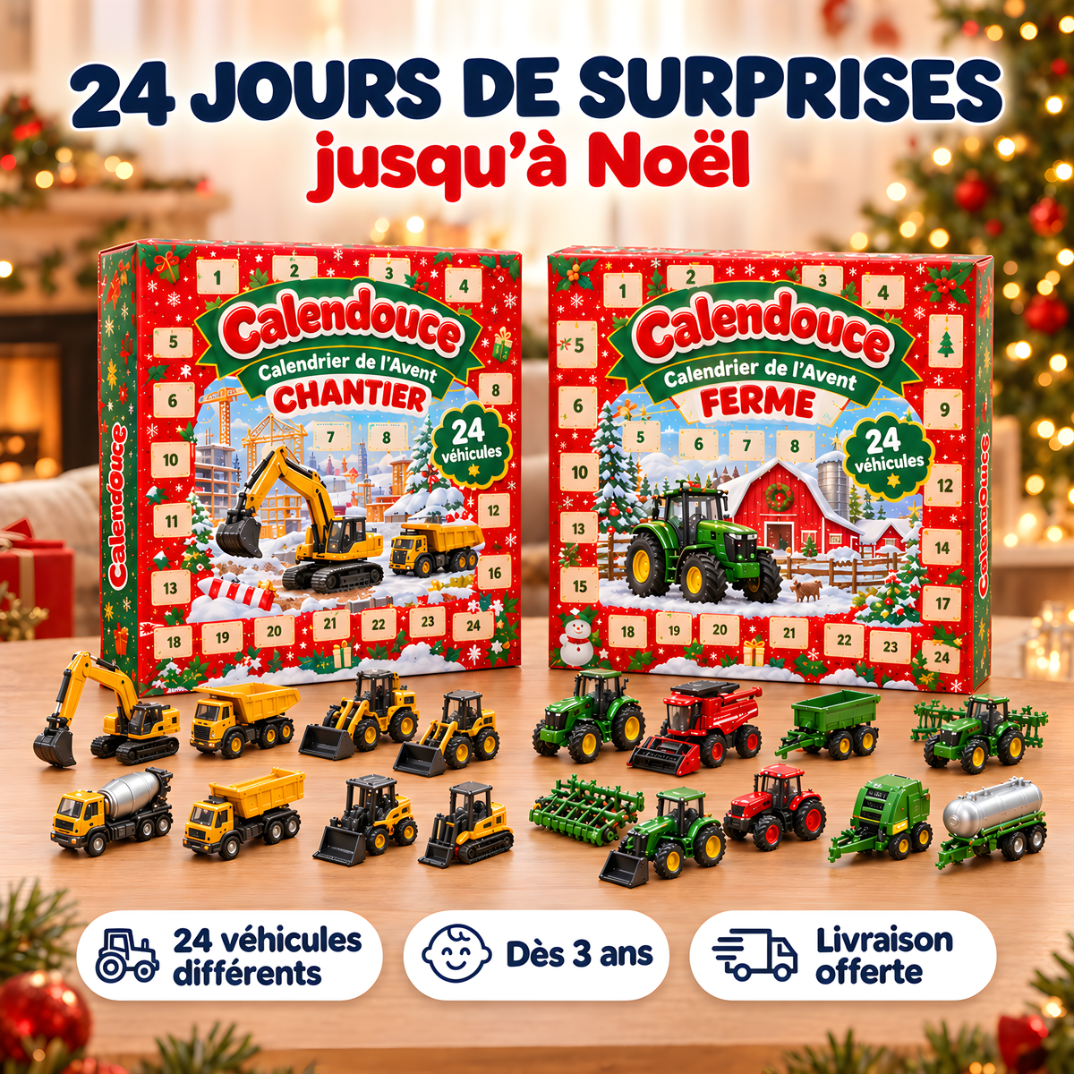 Calendrier de l'Avent Calendouce véhicules miniatures Ferme et Chantier