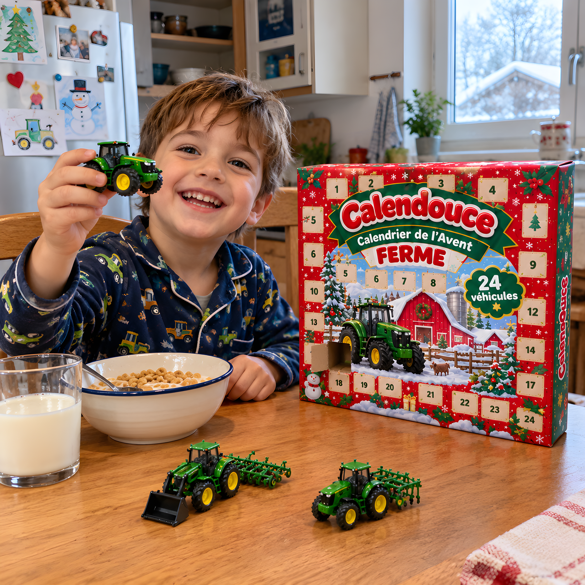 Enfant au petit-déjeuner avec son tracteur du jour