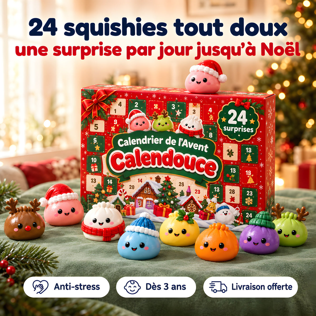 Calendrier de l'Avent Calendouce avec 24 squishies de Noël kawaii