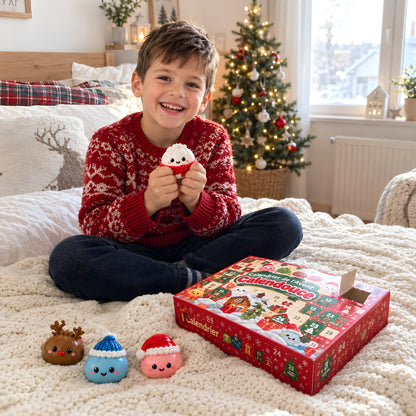 Enfant qui presse un squishy du calendrier de l'Avent Calendouce
