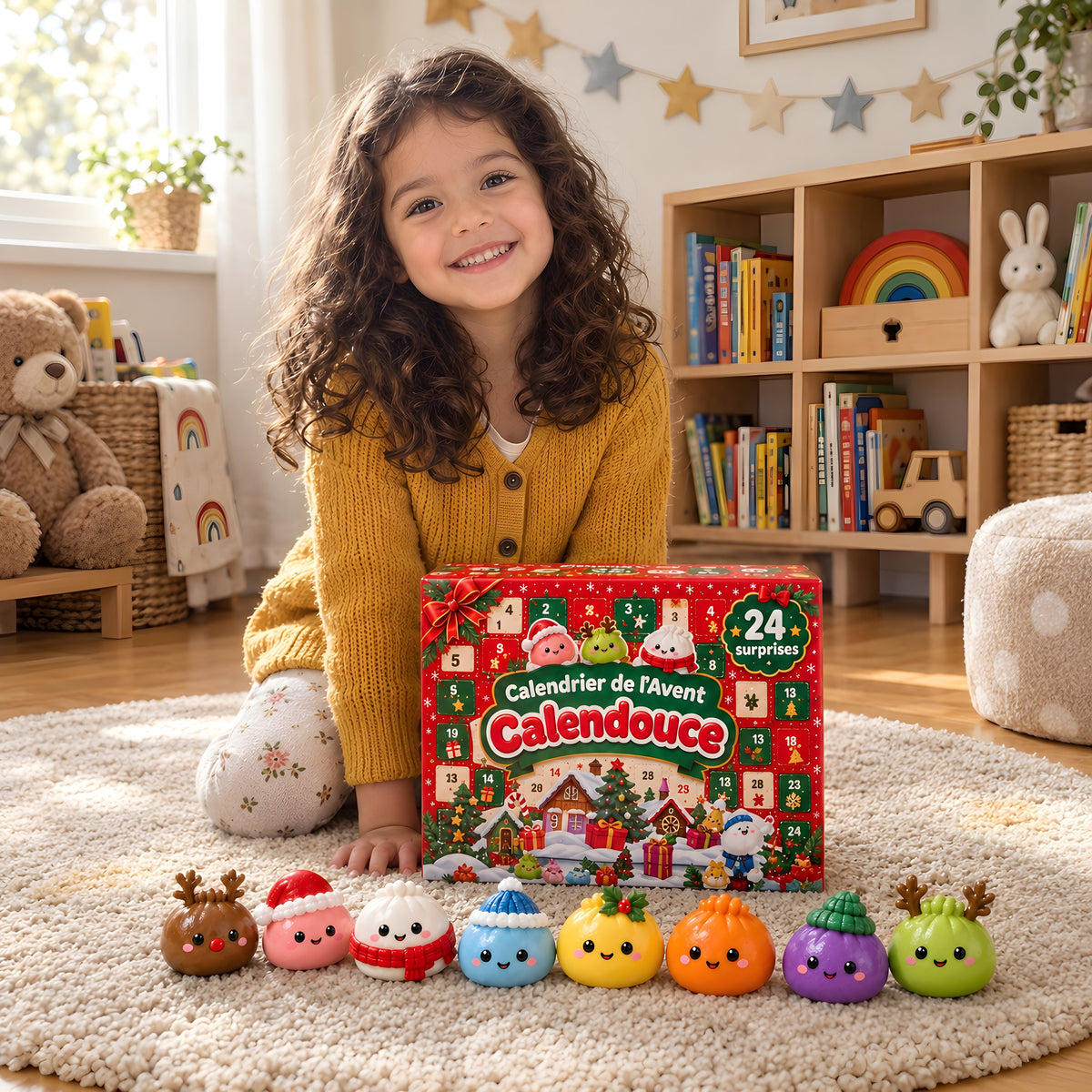 Collection de squishies de Noël devant le calendrier Calendouce